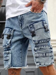 Manfinity Roughcore Herren ausgewaschene hellblaue Denim Cargo Shorts, Streetwear Loose Fit Jorts - Helle Waschung - Übersicht 1
