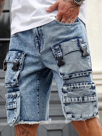 Manfinity Homme 男士做旧浅蓝色牛仔工装短裤，街头风宽松牛仔短裤