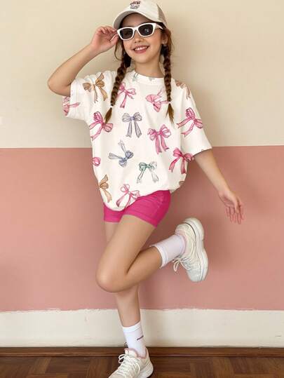 SHEIN 2pcs/Set Tween Girls Casual Simple Short Sleeve T-Shirt & Shorts Outfit, Suitable For Summer
