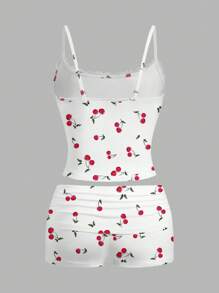 SHEIN Essnce Bộ 2 chiếc/Bộ đồ lót ren cho nữ và quần short xếp ly, họa tiết anh đào thích hợp cho mùa hè - Nhiều màu - Xem 2