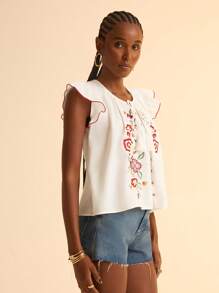 CAJUNI 女士休闲度假白色梭织刺绣盖袖撞色饰边纽扣流苏领带沙滩背心，宽松版型 - 彩色 - 查看 3
