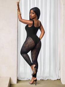 BamGleam Sexy Mesh Jumpsuit, Solid Color Round Neck Sheer Sleeveless - Black - View 2
