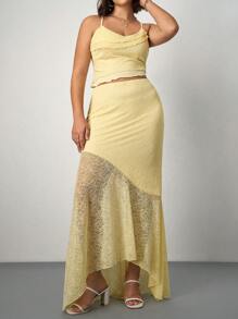 SHEIN Tall CURVE Plus Spring/Summer Vacation/Wedding Season Asymmetrical Lace Vest With Sheer Hem And Low Waist Fish Tail Ruffled Skirt 2 Pieces Set - Apricot - View 6