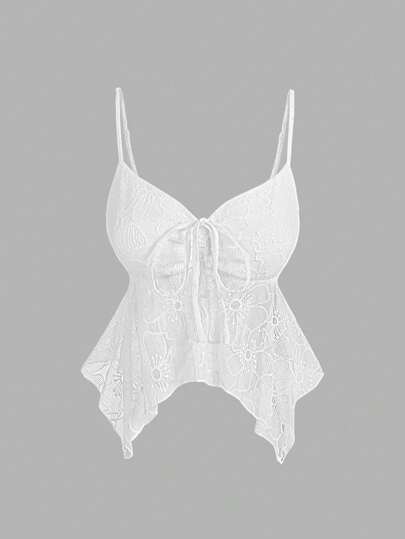 SHEIN MOD Lace Asymmetrical Hem Charming White Top With Front Tie, Beach, Bohemia, Fairycore, Sexy, Lace, Going Out, Sheer, Tea Party, Vacation Top