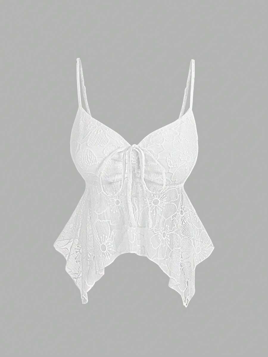 SHEIN MOD Lace Asymmetrical Hem Charming White Top With Front Tie, Beach, Bohemia, Fairycore, Sexy, Lace, Going Out, Sheer, Tea Party, Vacation Top