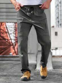 Manfinity Homme Men's Solid Color Drawstring Waist Casual Stylish Cargo Pants, Suitable For Spring And Summer - Grey - View 1