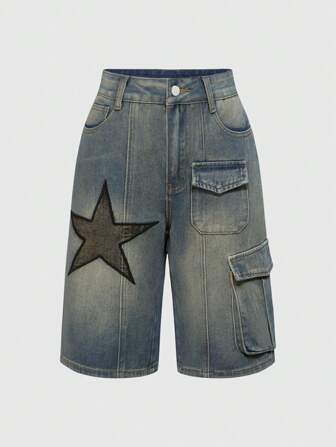 Grunge Punk Unisex Punk Street Style Star Applique Front Pockets Distressed Faded Bermuda Wide Leg Denim Shorts