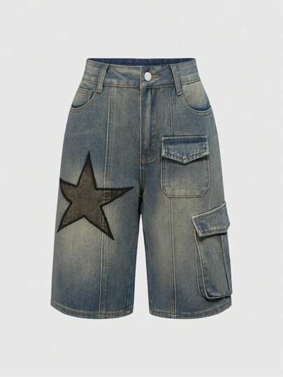 Grunge Punk Unisex Punk Street Style Star Applique Front Pockets Distressed Faded Bermuda Wide Leg Denim Shorts