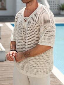 Manfinity RSRT Men's V-Neck Hollow Short Sleeve T-Shirt, Fashionable Suitable For Summer, Rave - Apricot - View 6