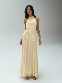 Aloruh Women's Elegant Sexy Wedding Guest Dress Cocktail Dance Graduation Season Dress Birthday Party Dress Seaside Holiday Daily Leisure Commuting Simple Solid Color Maxi Dress Apricot Mesh Knitted Halter Backless Vacation Dress,Graduation,Teacher Outfits For Women,Teacher Dress - Apricot - View 7