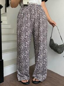 Dazy Plus Elastic Waist Loose Straight Leg Leopard Print Casual Pants, Spring/Summer - Black - View 1