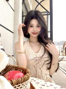 DAZY Vestido midi de mujer elegante de encaje y parches para vacaciones de verano, vestidos casuales para mujer