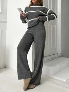 EURMUSE Women High Neck Striped Knit Sweater And Cozy Knit Sweater Pant 2pcs Set Co-Ords Knit Two Piece Set Grey Two Piece Set Two Piece Lounge Set Striped Two Piece Set Comfortable Two Piece Set,Winter Clothes - Dark Grey - View 2