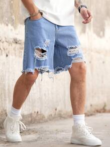 Manfinity Homme Quần short denim thô, sờn rách, chất liệu cotton rộng rãi cho nam, phong cách Emo - Rửa nhẹ - Xem 6