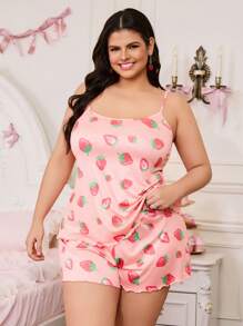 Strawberry Print Plus Size Camisole Sleepwear Set - Multicolor - View 4