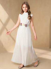 SHEIN Tween Girl Elegant Lace Leaf Pattern Stand Collar Pleated Jumpsuit, Suitable For Wedding Season & Party - White - View 4