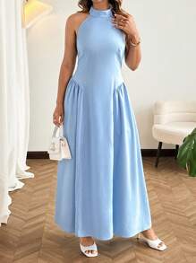 SHEIN Clasi Robe mi-longue casual évasée avec volants pour femmes grande taille, de style vintage romantique, convenant pour la plage, le thé, les soirées, les cocktails, le travail. Col bénitier, printemps/été - Bleu azur - Voir 3