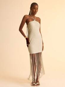 SHEIN x Eduarda Gutierrez CAJUNI 女士海滩春夏度假休闲挂脖珍珠装饰修身流苏迷你连衣裙 - 杏色 - 查看 6