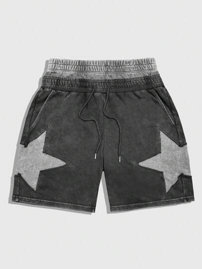 Street Life Men's Vintage Casual Washed Contrast Color Star Print Shorts