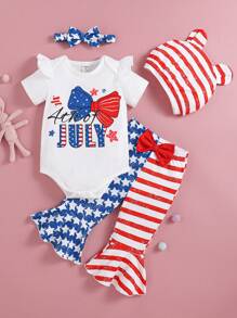 SHEIN 4pcs/Set Baby Girl 0-3Y Casual Cute Knitted Outfit, Includes Patriotic Bodysuit, Flared Pants, Bear Hat And Bow Headband, For My First Independence Day, Fourth Of July/4th Of July - Multicolor - View 1