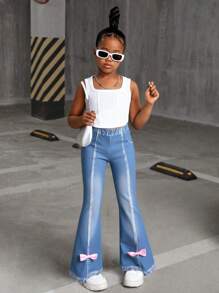 1pc Girls' Casual Cute Denim Effect Bow Print Flare Pants, Spring/Summer
