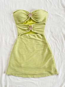 Soleia Vacation Sleeveless Hollow-Out Patchwork Metal Buckle Textured Fabric Fitted Mini Dress, Suitable For Vacation, Music Festival, Bohemian, Holiday Date, Afternoon Tea,Summer Dresses For Women - Mustard Yellow - View 4