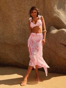 Anewsta Stylish Elegant Underwired Push-Up Floral Gradient Ruffled Flared Mermaid 3pcs Bikini Set For Summer Beach Vacation - Multicolor - View 5