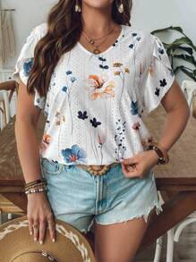 SHEIN VCAY Maglietta casual da donna taglie forti con stampa floreale, inserti in pizzo e maniche corte