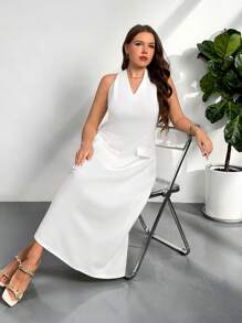 Firerie Đầm midi chữ A cổ chữ V tối giản thanh lịch cỡ lớn dành cho nữ, thích hợp mặc đi làm hàng ngày, màu trắng - trắng - Xem 4