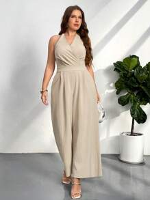 Firerie 大码女式露背卡其色法式度假宽松连体裤，适合度假旅行、休闲职场装 - 卡其色 - 查看 4