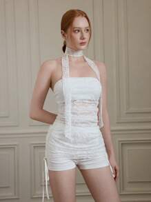 SHEIN MOD 梦幻浪漫的白色蕾丝紧身胸衣上衣，带有蕾丝领带细节和荷叶边装饰 - 非常适合度假、约会、生日庆祝、下午茶和节日、夏季、海滩、度假、狂欢、乡村音乐会