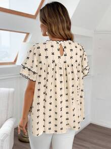 Vionelle Áo cánh thường ngày tay lửng họa tiết ren tương phản hai lớp phong cách Boho thanh lịch cỡ lớn - Màu be - Xem 3