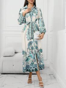 SHEIN Lacomfia 女士优雅佩斯利印花长裙，夏季 - 綠色 - 查看 6