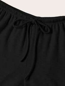 SHEIN EZwear Two-Piece Set Lightweight Knitted Wide Leg Pants For Women, Two-Tone Color, Casual, Summer Outfits , Beach Holiday - Black - View 3