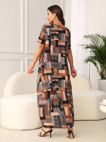 Lacomfia Vestido holgado casual de mujer con estampado de bloques de color - Multicolor - Ver 2