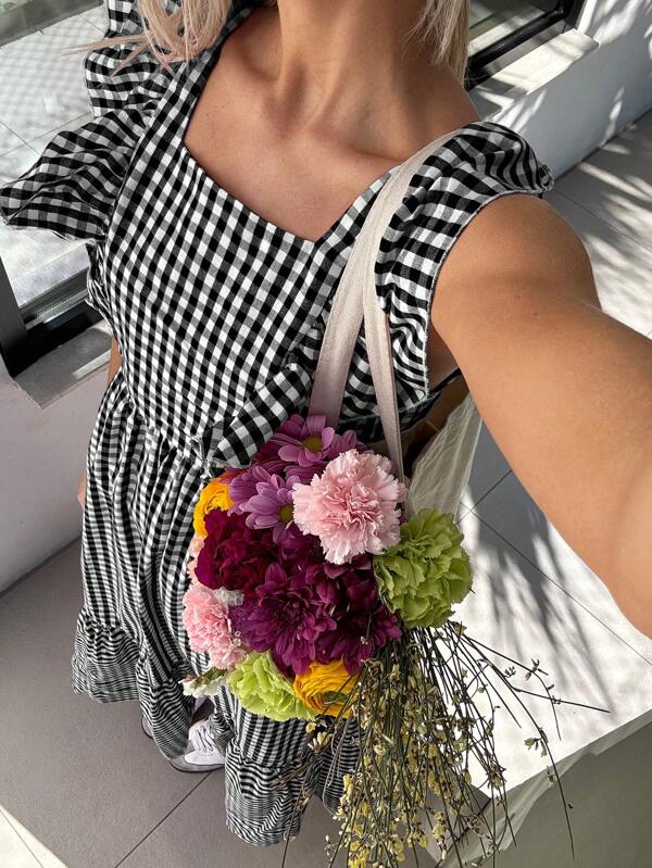 Muchica Square Neck Plaid Dress, New Summer Bowknot Elegant Midi Dress Women Summer Clothes Dress Business Casual Woman