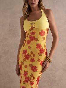 Glamine Abito lungo estivo da donna in stile romantico da vacanza primaverile ed estiva, con spalline a collo alto, decorazione in metallo a forma di stella marina, stampa floreale in rete, taglio aderente ed elastico, senza maniche