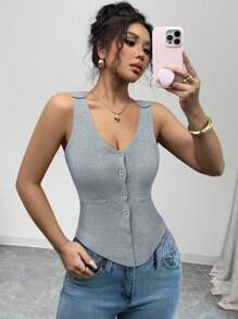 SHEIN Clasi Women's Solid Color Camisole With Buttons, Fashionable Summer Top