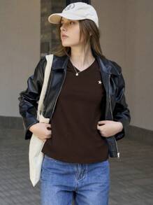 Jouncy Women Casual Star Print V-Neck Short Sleeve T-Shirt, Summer - Coffee Brown - View 3