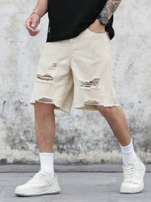 Manfinity Homme 宽松男士棉质破洞、磨损、毛边牛仔短裤