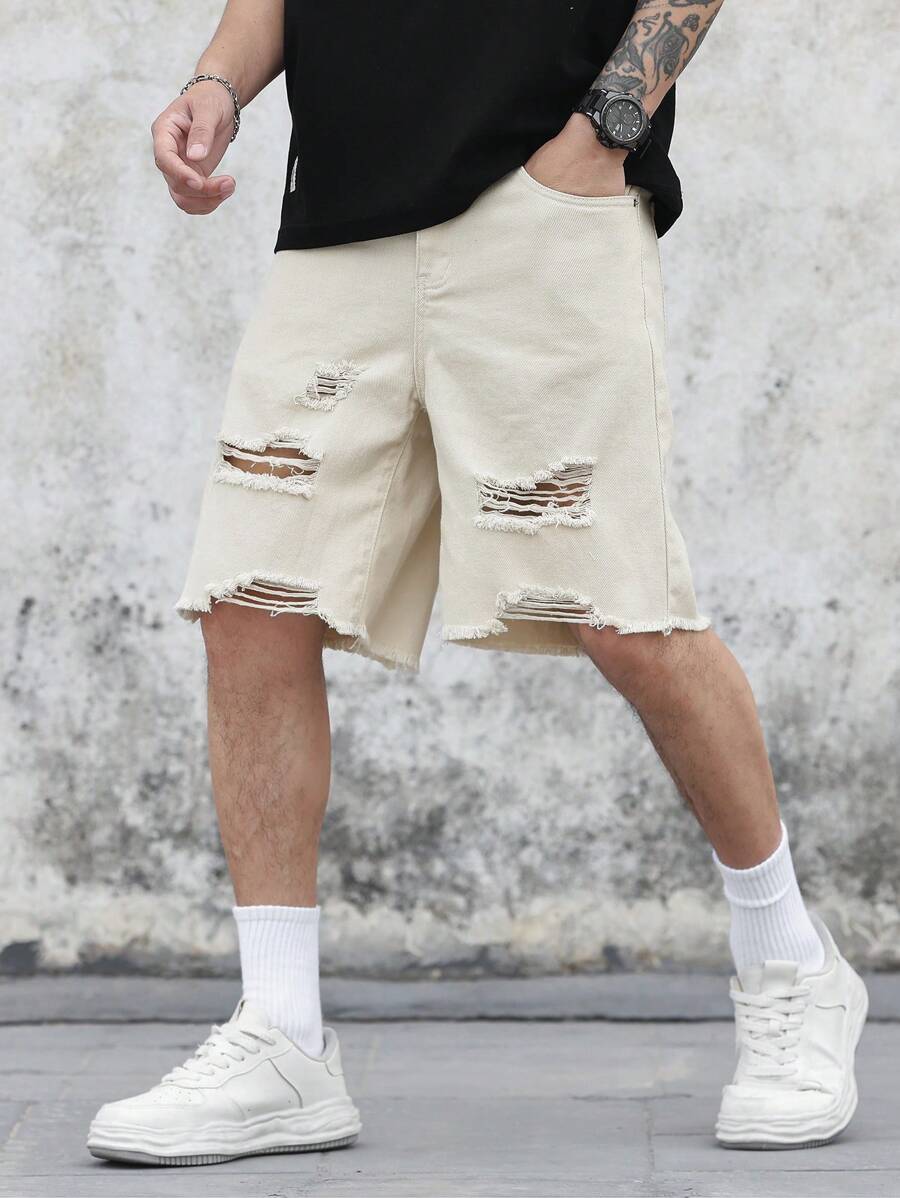 Manfinity Homme 宽松男士棉质破洞、磨损、毛边牛仔短裤