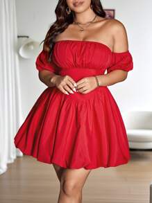 Flirla Plus Size Sexy And Elegant Shoulder Exposed Evening Dress, Red - Red - View 3