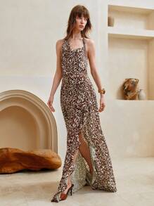 SHEIN LUNE Damen Chiffon Rüschensaum. Böhmischer Vintage-Druck, asymmetrisches Schlitzdesign, Neckholder-Rückenloses Maxikleid, Sommer, Urlaubsoutfits Frau, Urlaubskleid