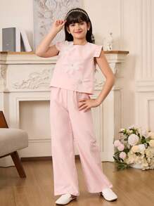 2 件套青少年女孩时尚无袖上衣和长裤套装，适合夏季 - 粉色 - 查看 3