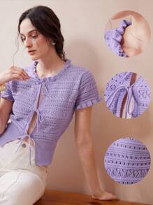 SHEIN Unity 女士时尚百搭复古柔软风格纯色蝴蝶结短袖针织开衫 - 紫色 - 查看 1