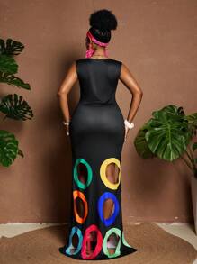 Maweii 1pc Women Plus Size Color Block Cutout Round Neck Sleeveless Fitted Dress, Stylish - Multicolor - View 2