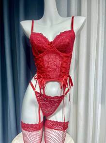 Floral Lace Underwire Garter Corset Lingerie Set With 1pair Stocking Bridallingerie, Baddie Look