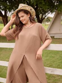 LanaWest Top cu mâneci mijlocii și pantaloni lungi, cu gât rotund și pantaloni lungi, set casual de primăvară/vară - Maro - Vizualizare 4