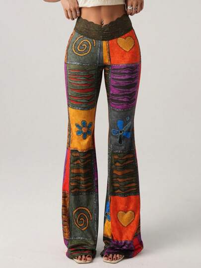 SHEIN ICON Women's Fashionable Retro Contrast Color Block Print Flare Pants