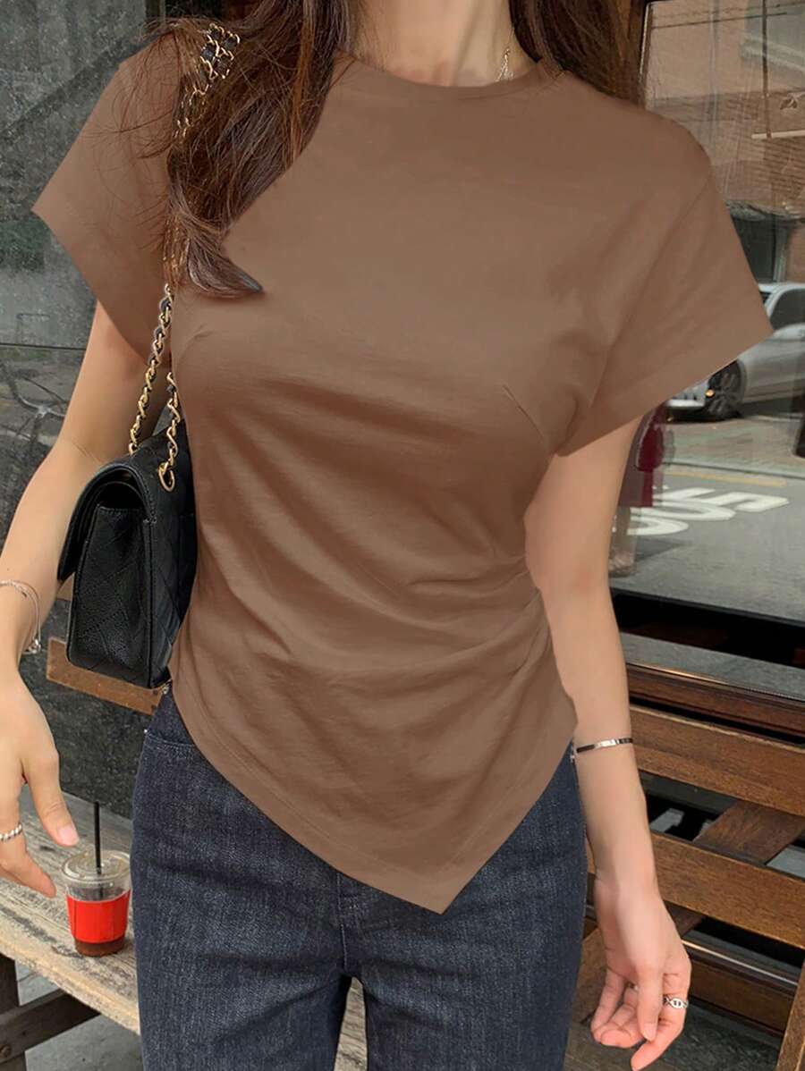 DAZY Women Close-Fitting Asymmetric Hem Cinched Waist T-Shirt Short Sleeve Top - Brown - View 1